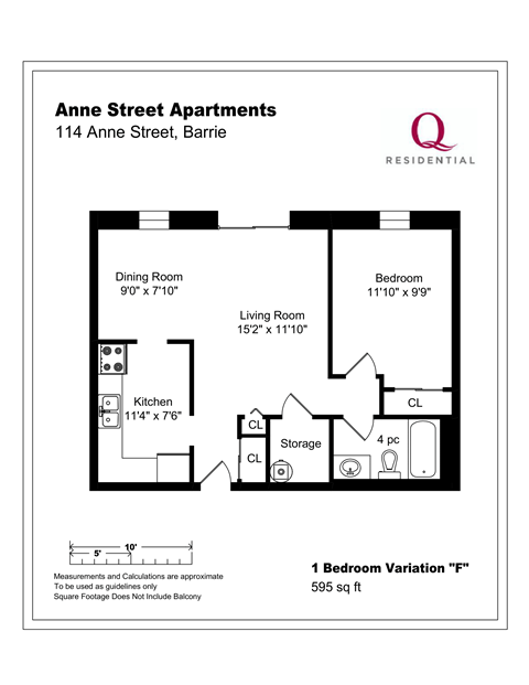 Floor plan for 1 bed, 1 bath, 595 sqft